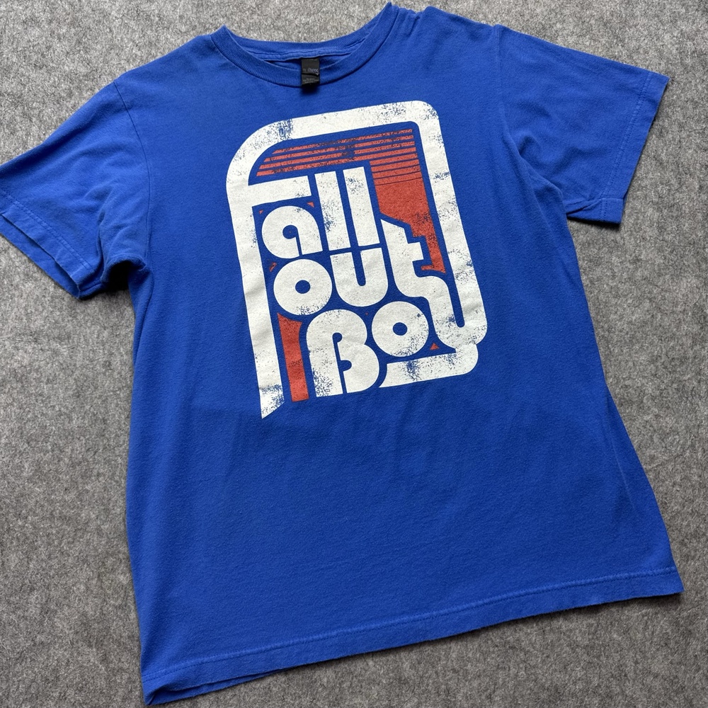 Fall Out Boy Shirt Mens Small Blue Tultex Distressed Graphic Retro Y2K Rock Tee